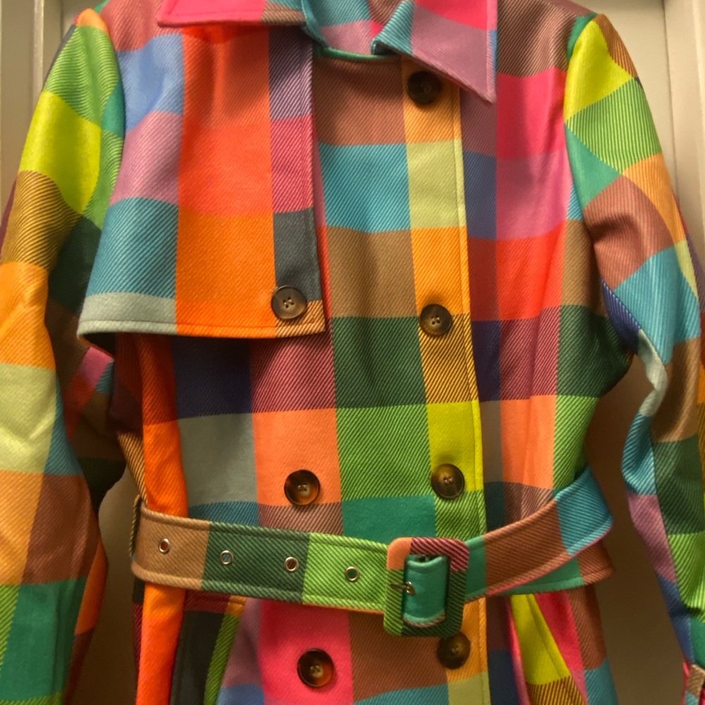 🎉Colorful Checkered Plaid Double Breasted belted Trench Coat - Picture 3 of 12